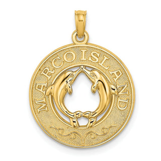 14k Yellow Gold Marco Island On Round Frame w/Dolphins Pendant