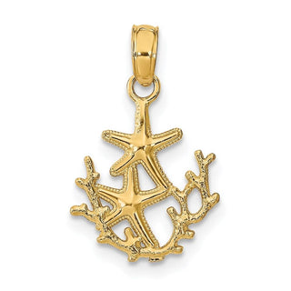 14k Yellow Gold Textured Mini Double Starfish and Coral-Design Pendant
