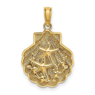 14k Yellow Gold 2-D Textured Shell w/ Two Starfish and Coral-Design Pendant