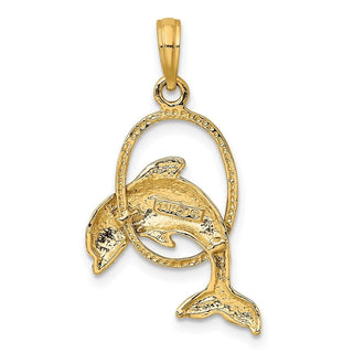 14k Yellow Gold Polished Dolphin Jumping Through Hoop Pendant K7708