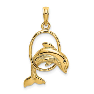 14k Yellow Gold Polished Dolphin Jumping Through Hoop Pendant K7708