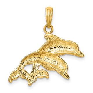 14k Yellow Gold 2-D Polished and Engraved Double Dolphins Pendant