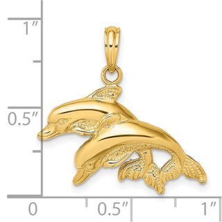 14k Yellow Gold 2-D Polished and Engraved Double Dolphins Pendant