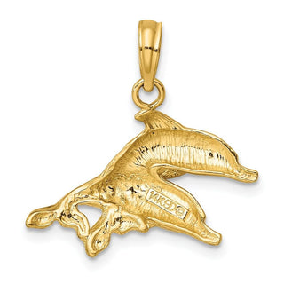 14k Yellow Gold 2-D Polished and Engraved Dolphins Pendant