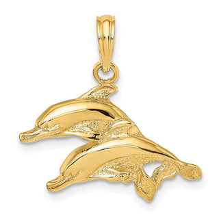 14k Yellow Gold 2-D Polished and Engraved Dolphins Pendant