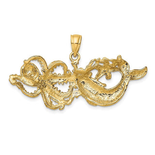 14k Yellow Gold Polished and Textured Dolphin and Octopus Pendant