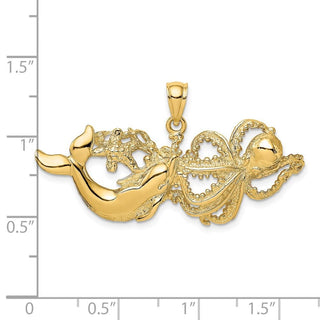 14k Yellow Gold Polished and Textured Dolphin and Octopus Pendant