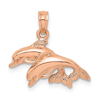 14k Rose Gold and Polished Double Dolphins Jumping Left Pendant