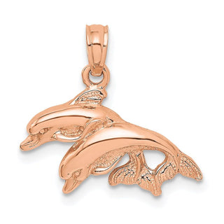 14k Rose Gold and Polished Double Dolphins Jumping Left Pendant