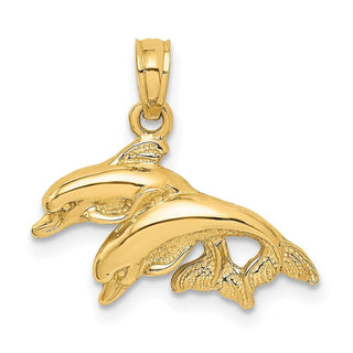 14k Yellow Gold 2-D Polished Double Dolphins Jumping Left Pendant