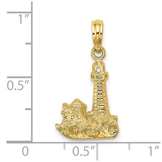 14k Yellow Gold 2-D Lighthouse w/ Waves and Buildings Pendant