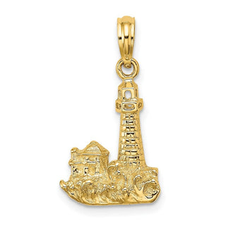 14k Yellow Gold 2-D Lighthouse w/ Waves and Buildings Pendant