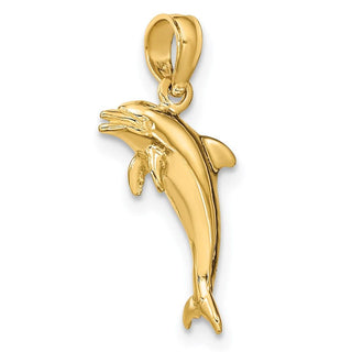 14k Yellow Gold 3-D Polished and Textured Mini Dolphins Jumping Pendant
