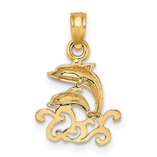 14k Yellow Gold Textured Mini Double Dolphins and Waves Pendant
