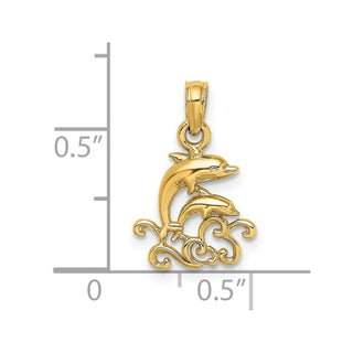 14k Yellow Gold Textured Mini Double Dolphins and Waves Pendant