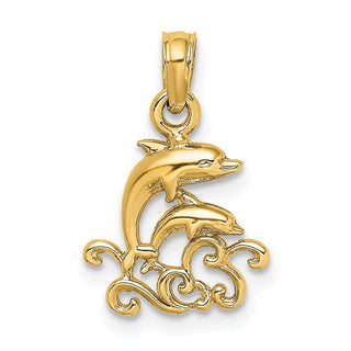 14k Yellow Gold Textured Mini Double Dolphins and Waves Pendant