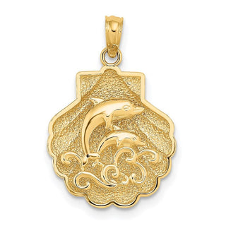 14k Yellow Gold 2-D Textured Shell w/ Dolphins and Waves Pendant