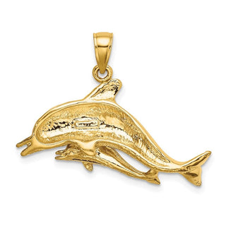 14k Yellow Gold 2-D Two Swimming Dolphins Pendant