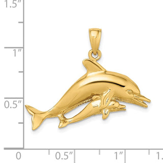 14k Yellow Gold 2-D Two Swimming Dolphins Pendant