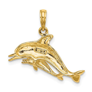 14k Yellow Gold 2-D Double Dolphins Swimming Pendant