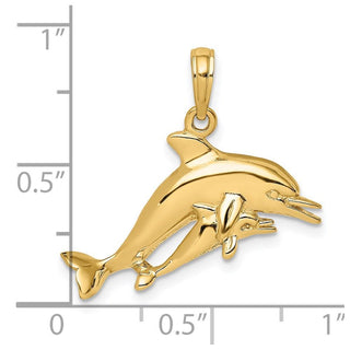 14k Yellow Gold 2-D Double Dolphins Swimming Pendant