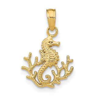 14k Yellow Gold Textured Mini Seahorse and Coral-Design Pendant