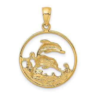 14k Yellow Gold Double Dolphins In Circle Pendant