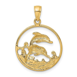14k Yellow Gold Double Dolphins In Circle Pendant