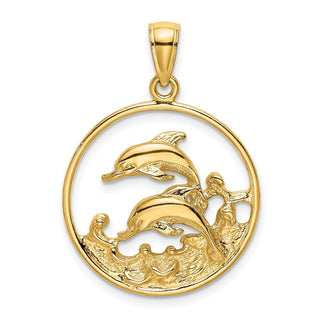 14k Yellow Gold Double Dolphins In Circle Pendant