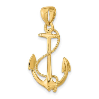 14k Yellow Gold 3-D Polished and Textured Anchor w/ Rope Pendant