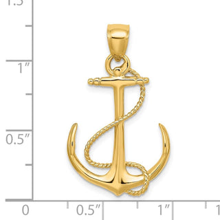 14k Yellow Gold 3-D Polished and Textured Anchor w/ Rope Pendant