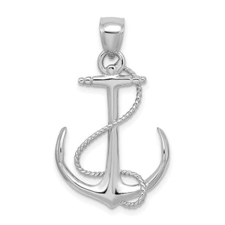 14k White Gold 3-D Polished and Textured Anchor w/ Rope Pendant
