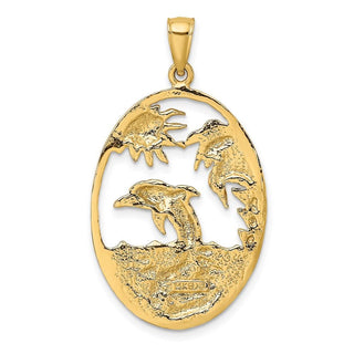 14k Yellow Gold Dolphin Jumping In Ocean Scene Pendant