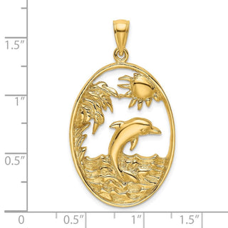 14k Yellow Gold Dolphin Jumping In Ocean Scene Pendant
