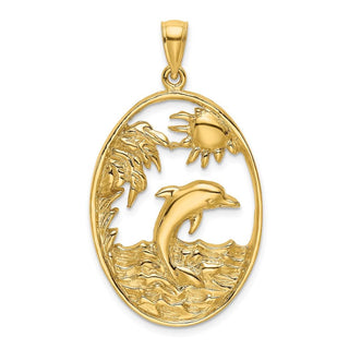 14k Yellow Gold Dolphin Jumping In Ocean Scene Pendant