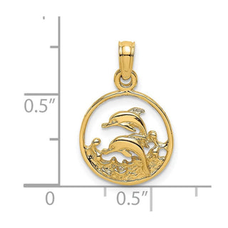 14k Yellow Gold Two Dolphins In Circle Pendant