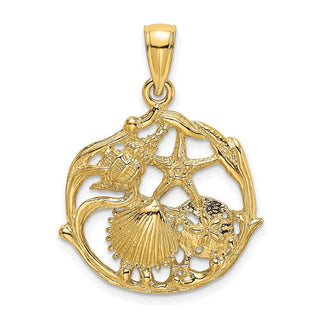 14k Yellow Gold 2-D Shell Cluster In Circle Pendant