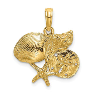 14k Yellow Gold 2-D Shell Cluster w/Starfish Pendant
