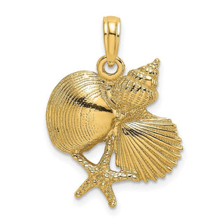 14k Yellow Gold 2-D Textured Shell Cluster w/Starfish Pendant
