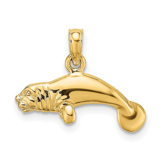 14k Yellow Gold 3-D Polished Swimming Manatee Pendant K8121