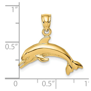 14k Yellow Gold Textured and Polished Dolphin Jumping Pendant