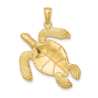 14k Yellow Gold Large Textured Swimming Sea Turtle Pendant