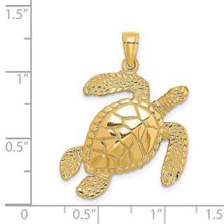 14k Yellow Gold Large Textured Swimming Sea Turtle Pendant