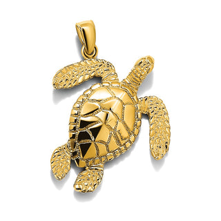 14k Yellow Gold Large Textured Swimming Sea Turtle Pendant