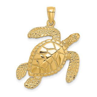 14k Yellow Gold Large Textured Swimming Sea Turtle Pendant