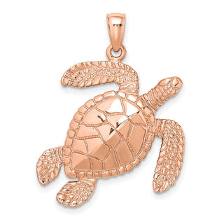 14k Rose Gold Large Textured Swimming Sea Turtle Pendant