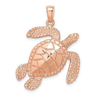 14k Rose Gold Large Textured Swimming Sea Turtle Pendant