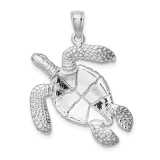14k White Gold Large Textured Swimming Sea Turtle Pendant