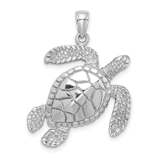 14k White Gold Large Textured Swimming Sea Turtle Pendant