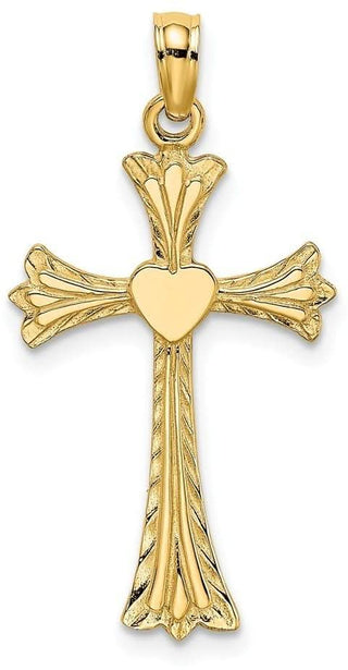14k Yellow Gold Polished and Engraved Cross with Heart Pendant
